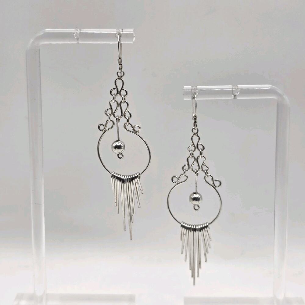 925 Sterling Silver Chandelier Fringe Dangle Ball Earrings 2 3/4"